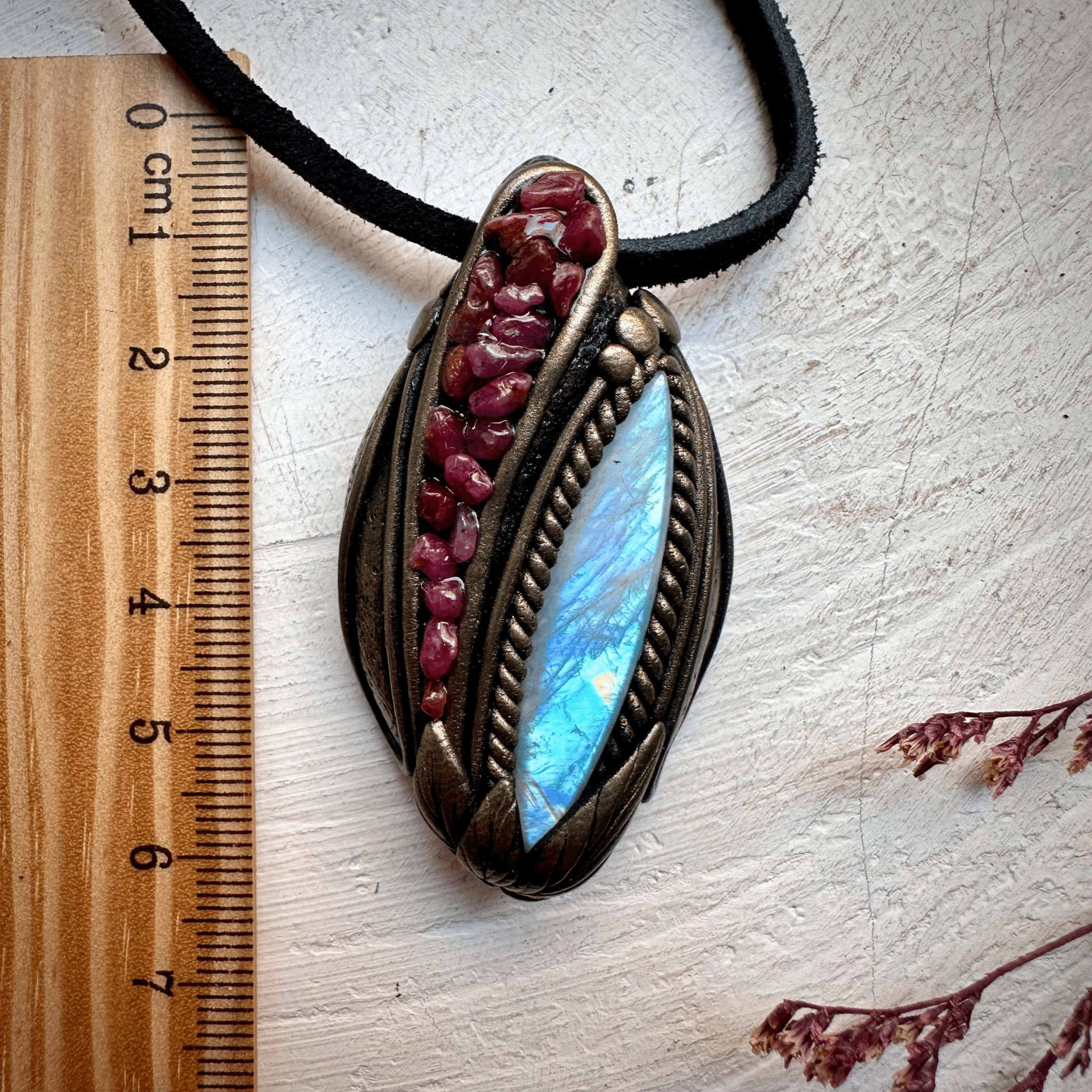 Rainbow Moonstone and Ruby Necklace - FairyGardenGlow