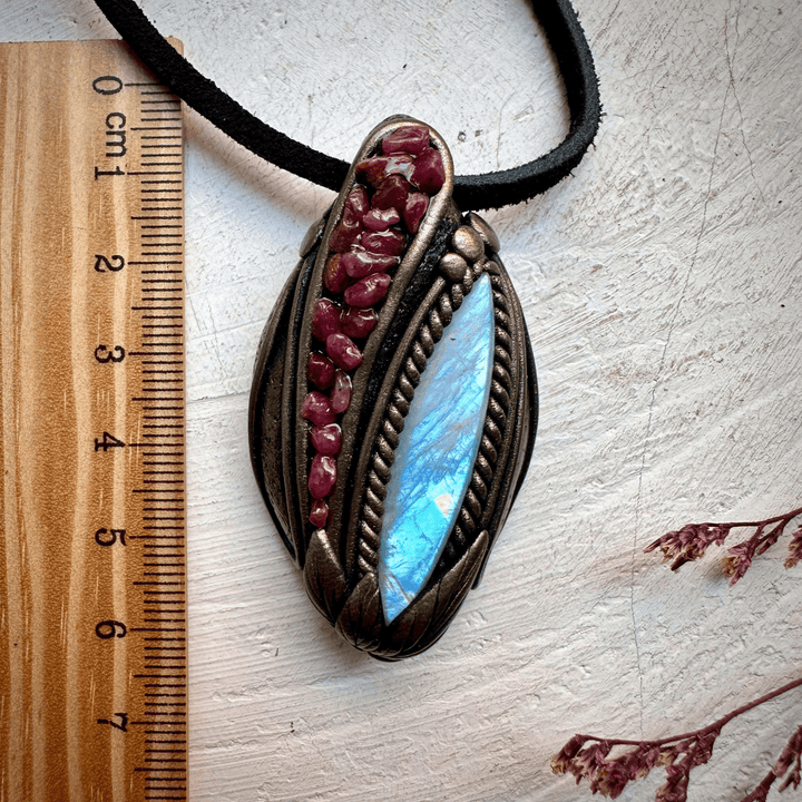 Rainbow Moonstone and Ruby Necklace - FairyGardenGlow