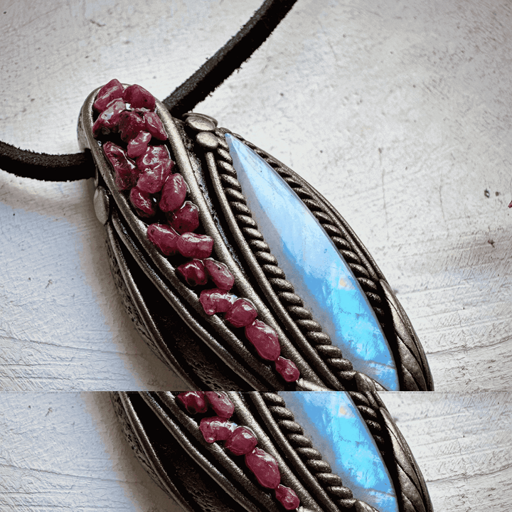 Rainbow Moonstone and Ruby Necklace - FairyGardenGlow