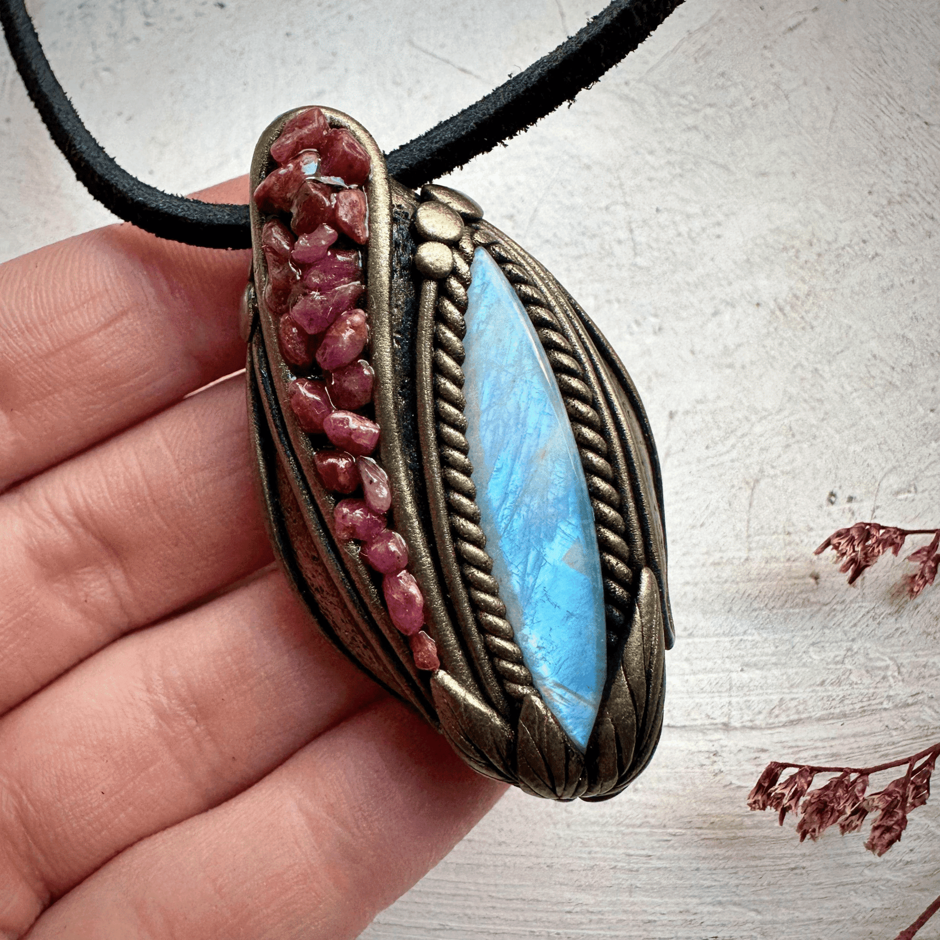 Rainbow Moonstone and Ruby Necklace - FairyGardenGlow