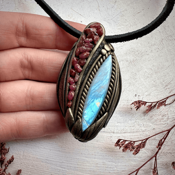 Rainbow Moonstone and Ruby Necklace - FairyGardenGlow