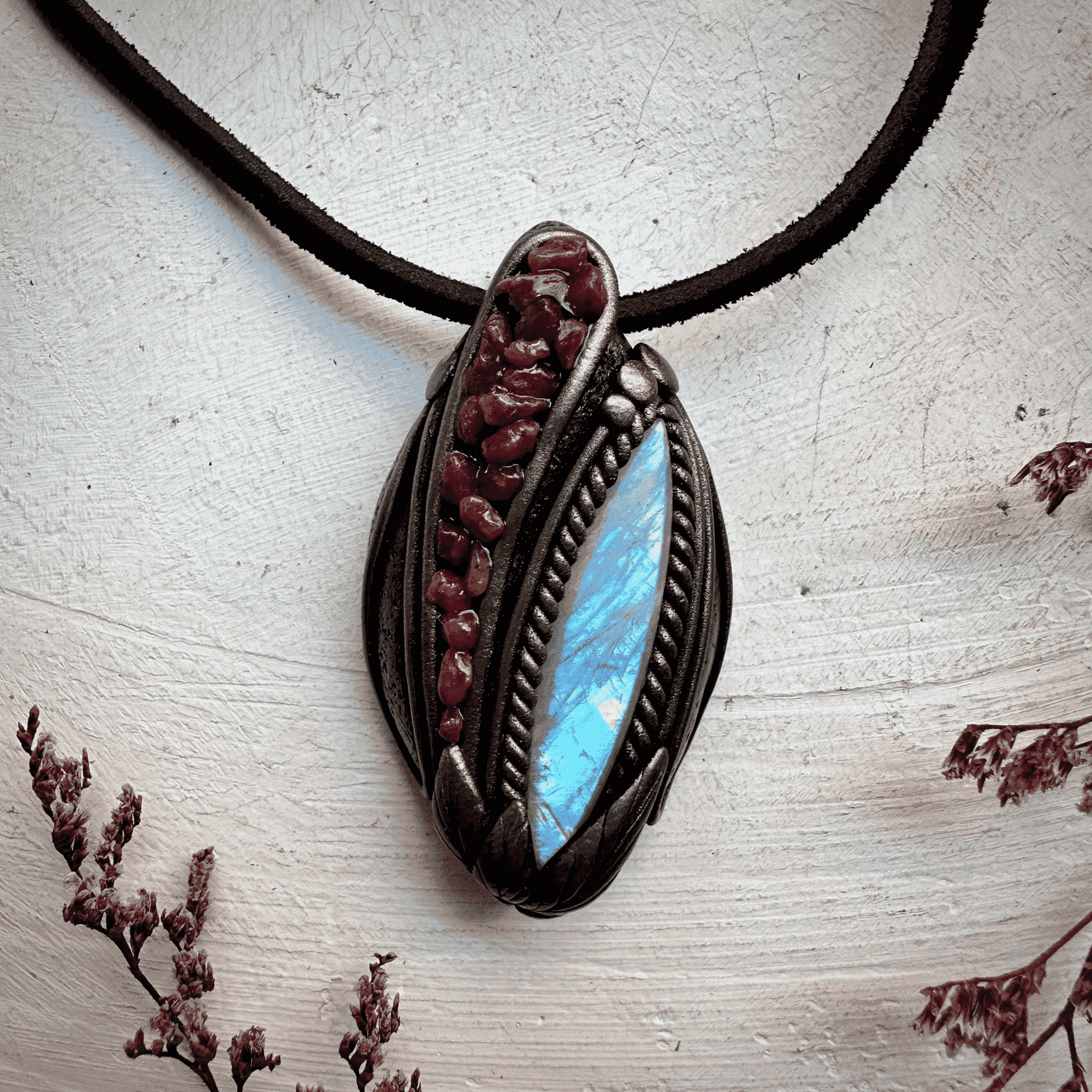 Rainbow Moonstone and Ruby Necklace - FairyGardenGlow
