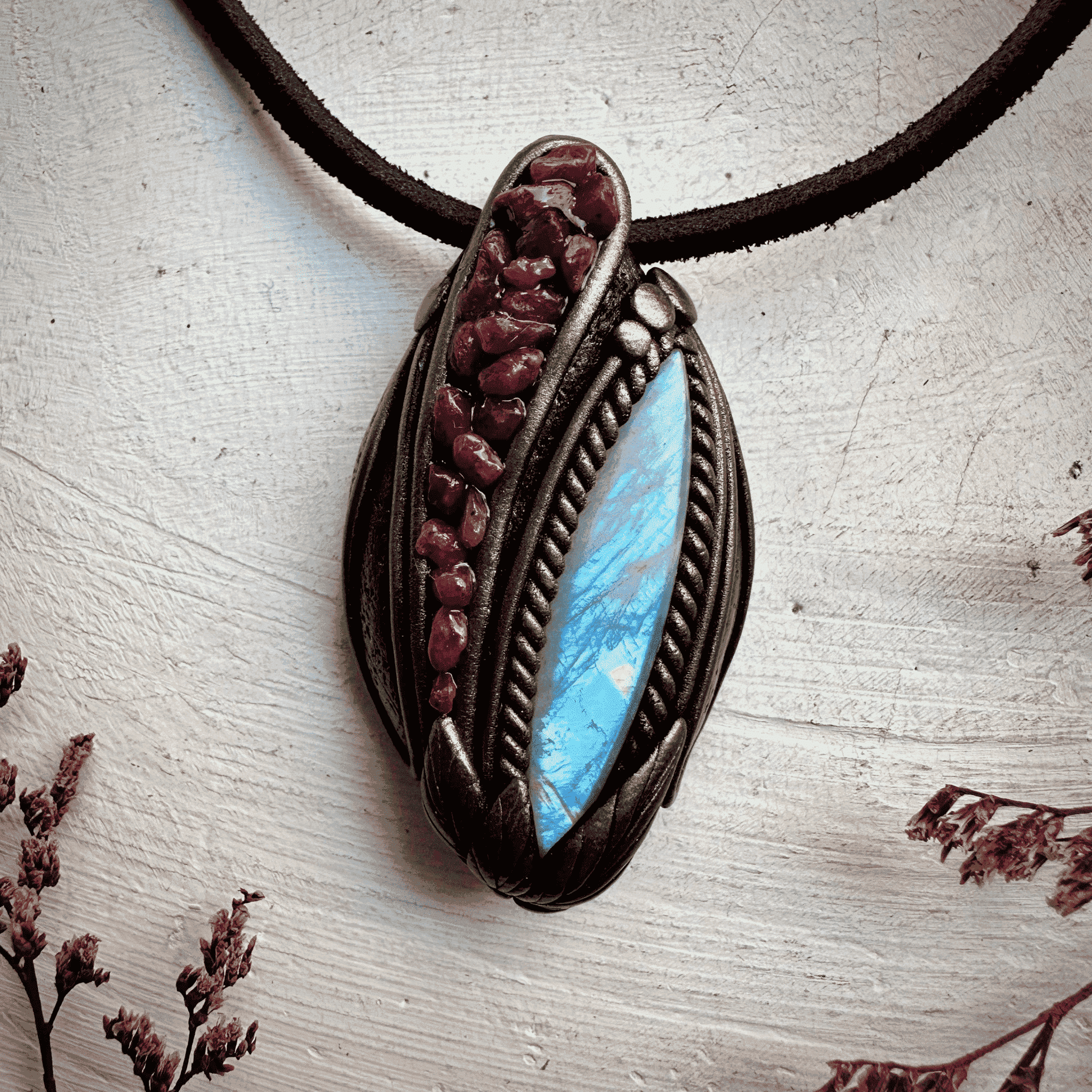 Rainbow Moonstone and Ruby Necklace - FairyGardenGlow