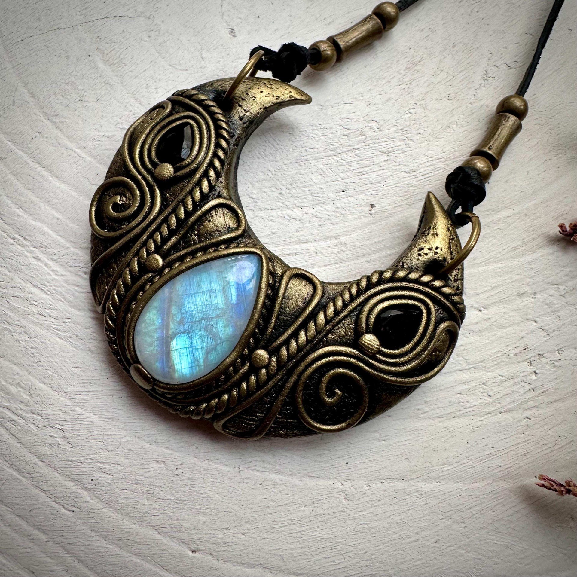 Rainbow Moonstone and Smoky Quartz Moon Necklace - FairyGardenGlow