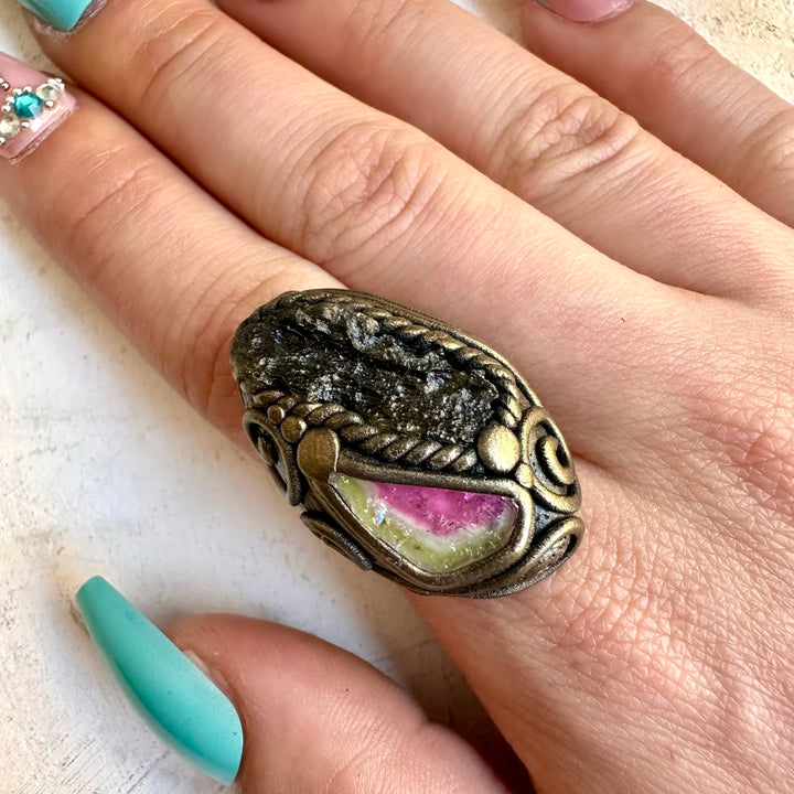 Energy crystal ring with moldavite and watermelon tourmaline