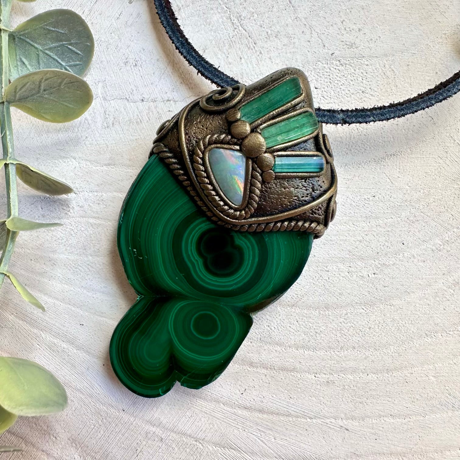 Natural gemstone necklace with malachite stalactite