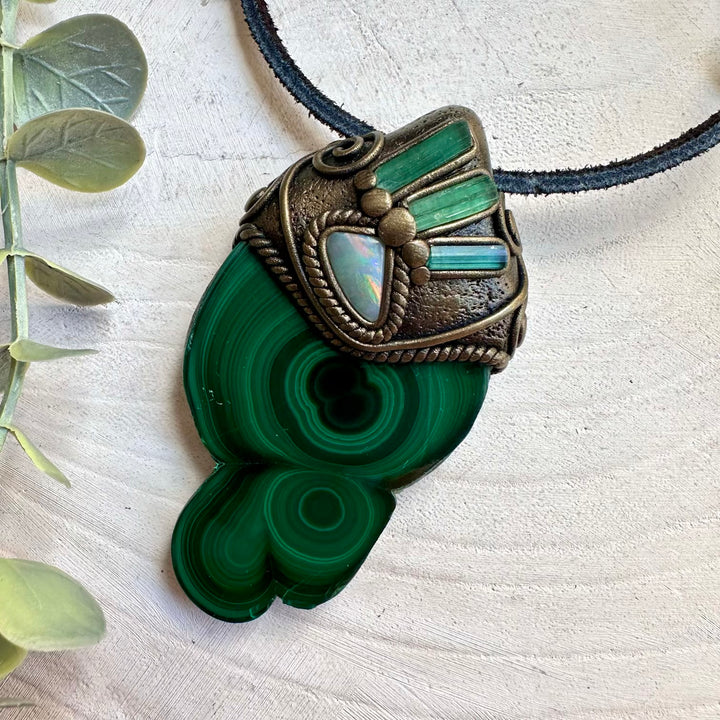 Natural gemstone necklace with malachite stalactite