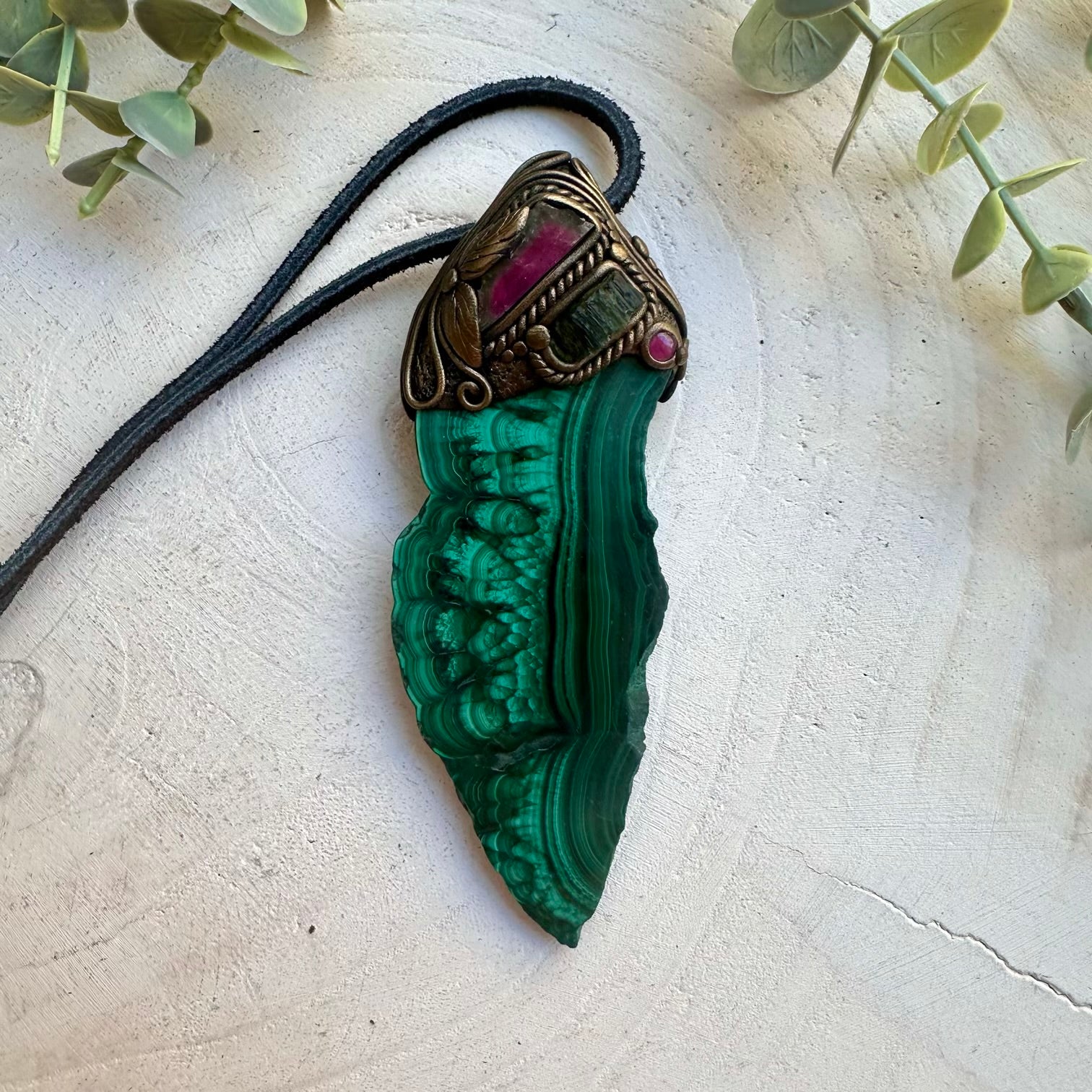 Handmade transformation crystal necklace with malachite and moldavite
