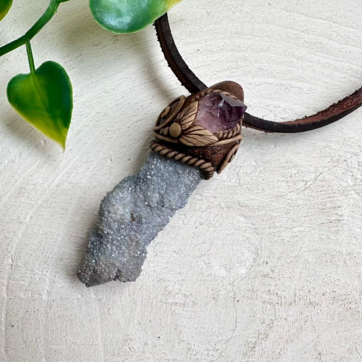 Aqua Aura Spirit Quartz and Raw Amethyst Pendant Necklace - FairyGardenGlow