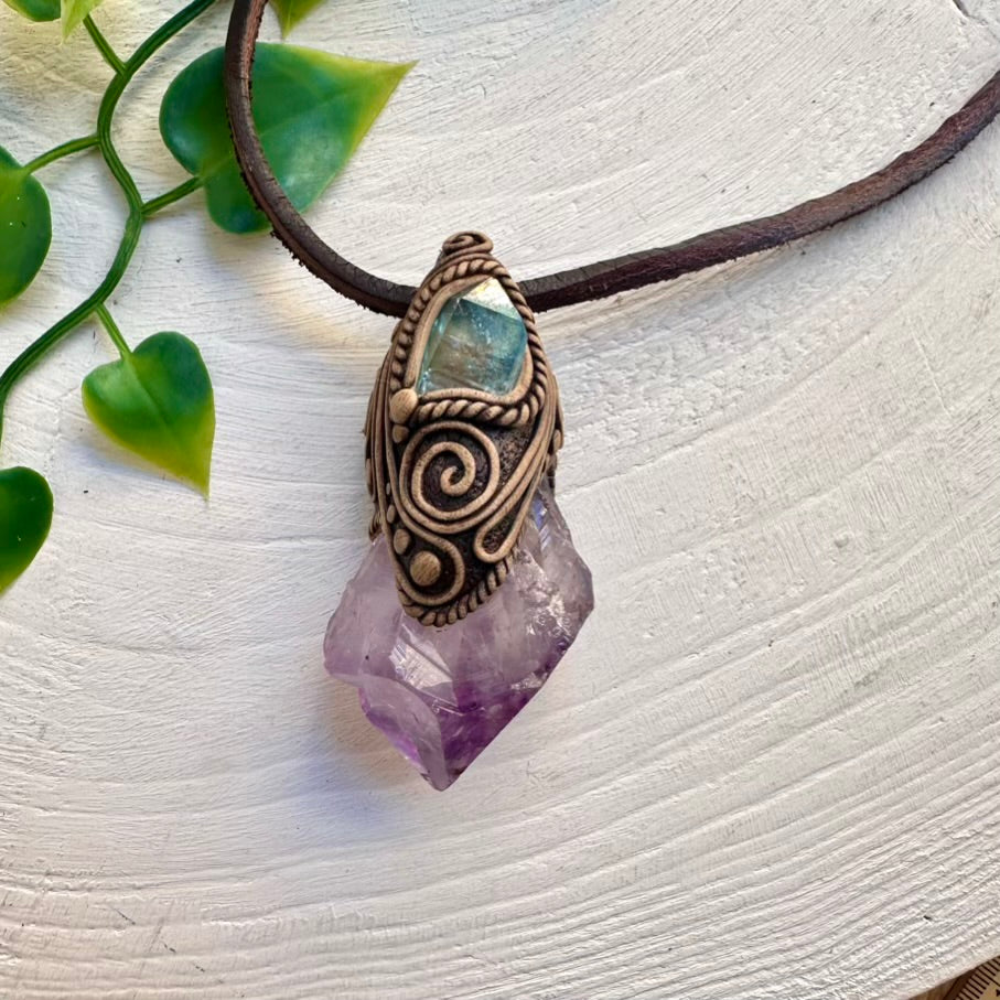 Aquamarine and Moldavite Necklace, Healing Crystal Pendant