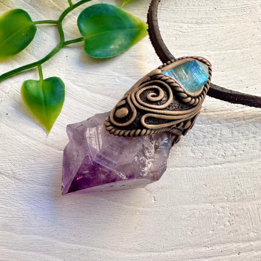 Unique gemstone necklace – raw Amethyst and Aqua Aura Quartz