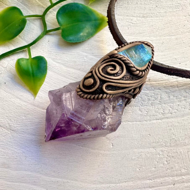 Unique gemstone necklace – raw Amethyst and Aqua Aura Quartz