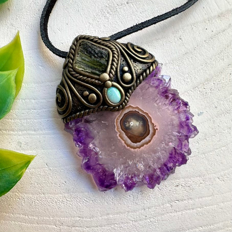 Healing crystal necklace with Amethyst Stalactite, Moldavite and Australian Opal