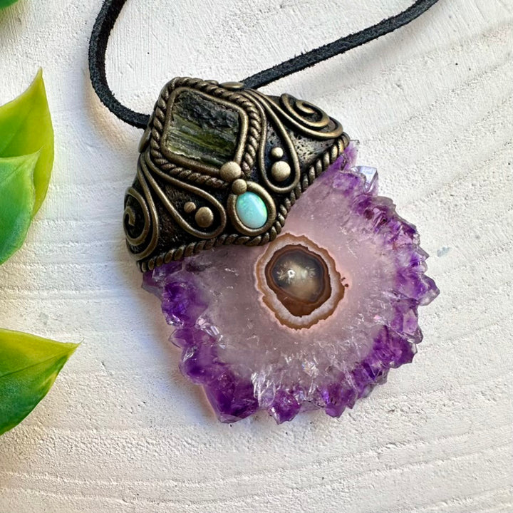 Healing crystal necklace with Amethyst Stalactite, Moldavite and Australian Opal