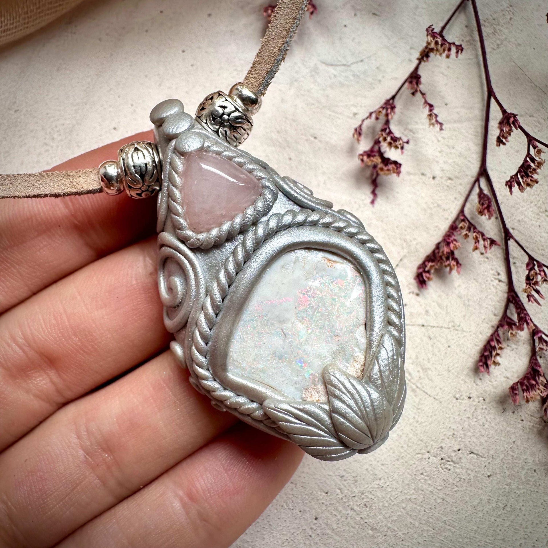 Raw Australian Opal and Rose Quartz Necklace - FairyGardenGlow