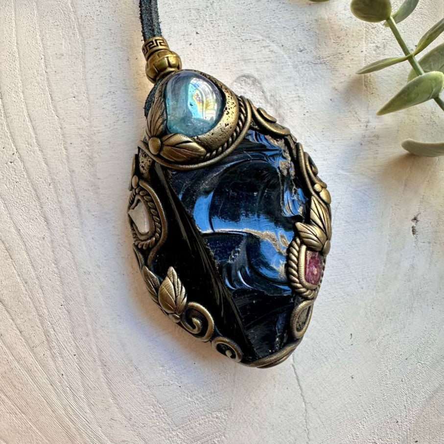 Raw Black Obsidian crystal talisman with Aqua Aura Quartz, Pink Tourmaline and Ethiopian Opal