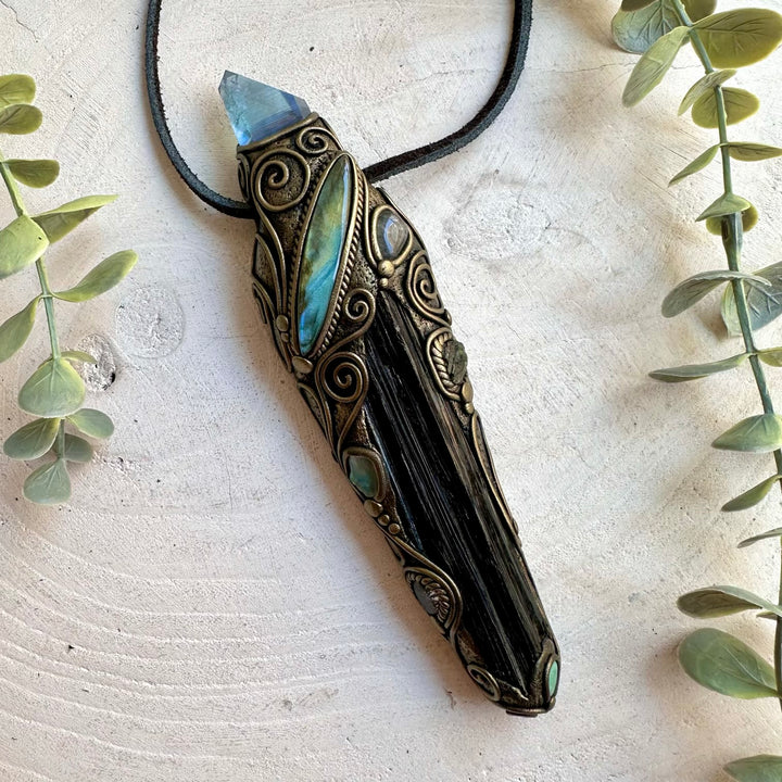 Handmade pendant wand combining Black Tourmaline, Labradorite, Moldavite and Raw Ethiopian Opal.