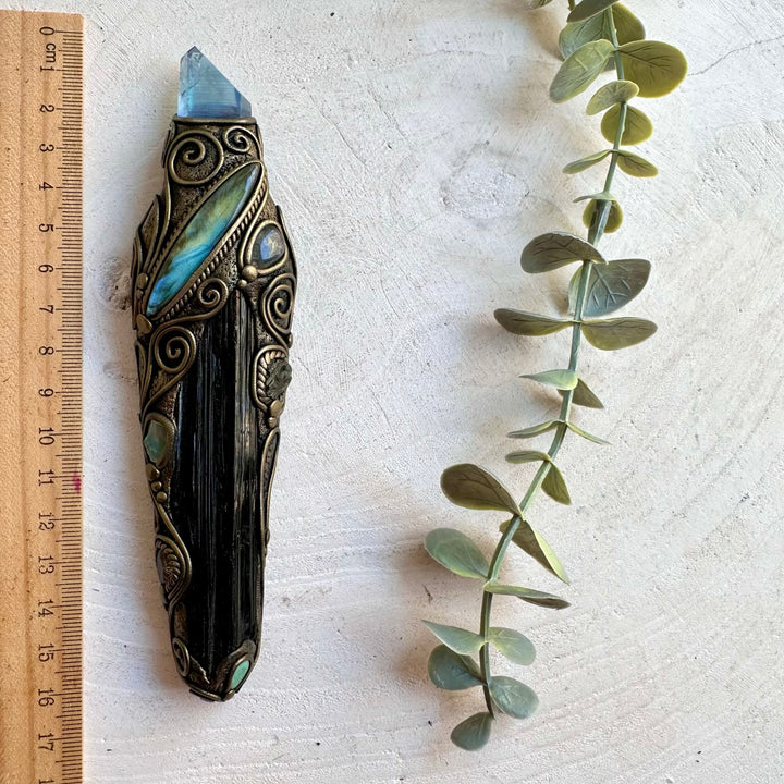 Handmade one of a kind spiritual energy tool combining grounding black crystal with luminous and iridescent gemstones, created for protection, transformation, intuition, clarity and energy work.