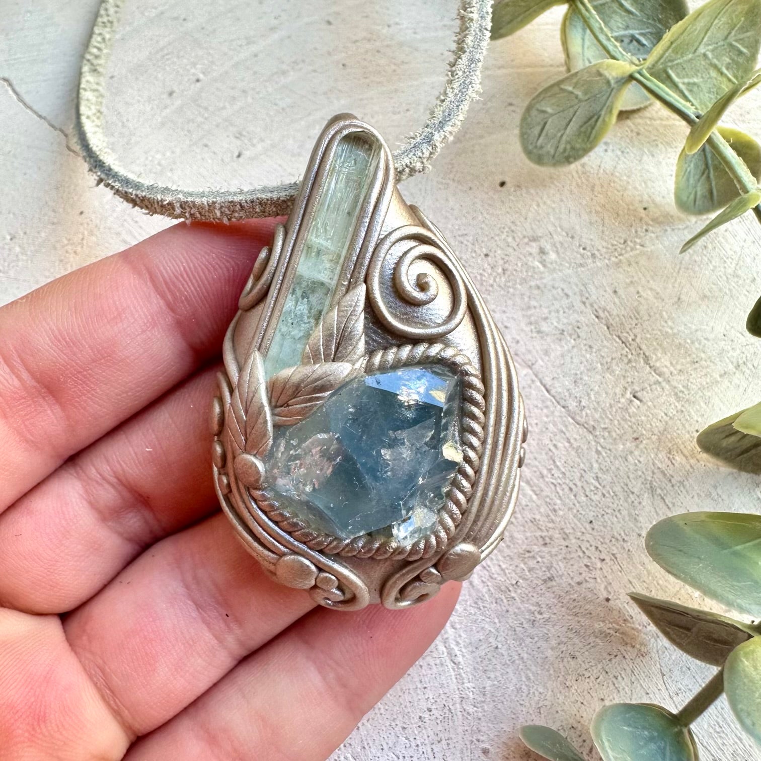 Raw Celestite and Aquamarine handmade crystal necklace boho jewelry with natural gemstones