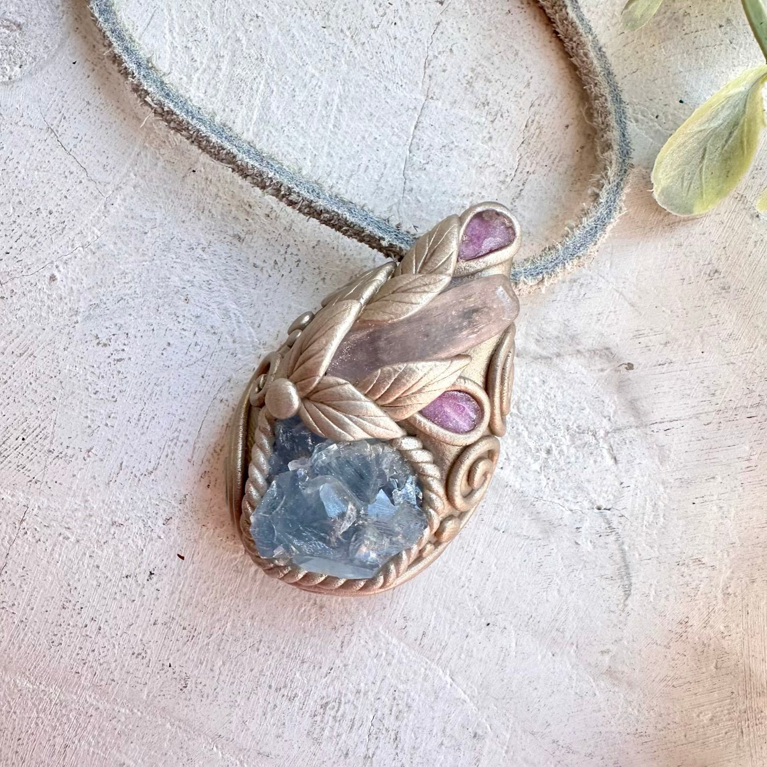 Raw Celestite with Kunzite and Pink Tourmaline pendant necklace handmade boho healing crystal jewelry