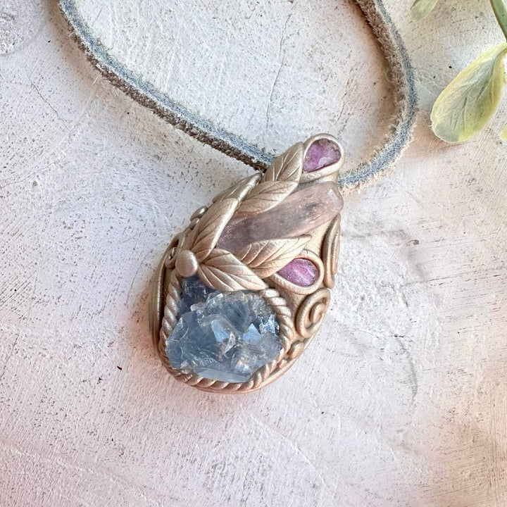 Raw Celestite with Kunzite and Pink Tourmaline pendant necklace handmade boho healing crystal jewelry