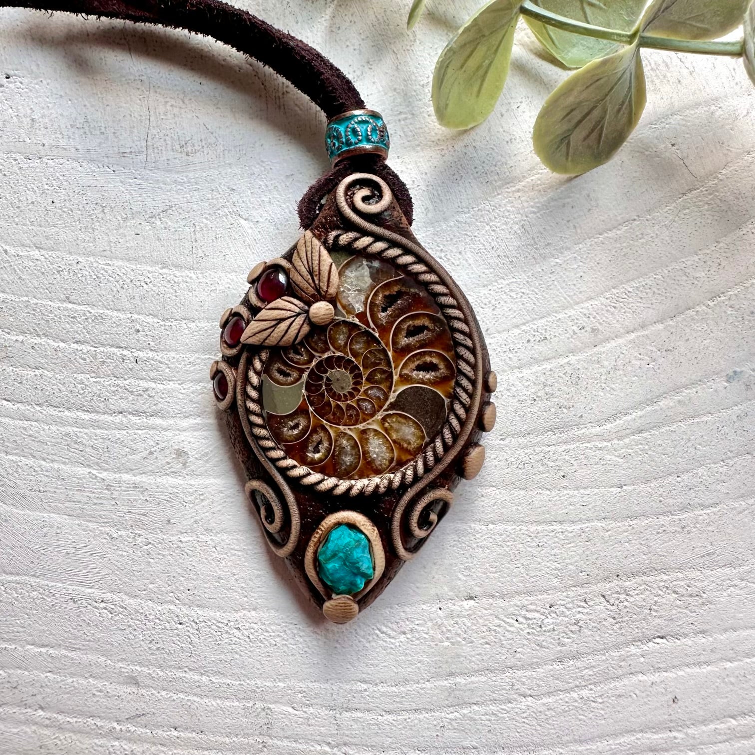 Unique spiritual crystal necklace with natural Ammonite, Chrysocolla and Rhodolite Garnet gemstones