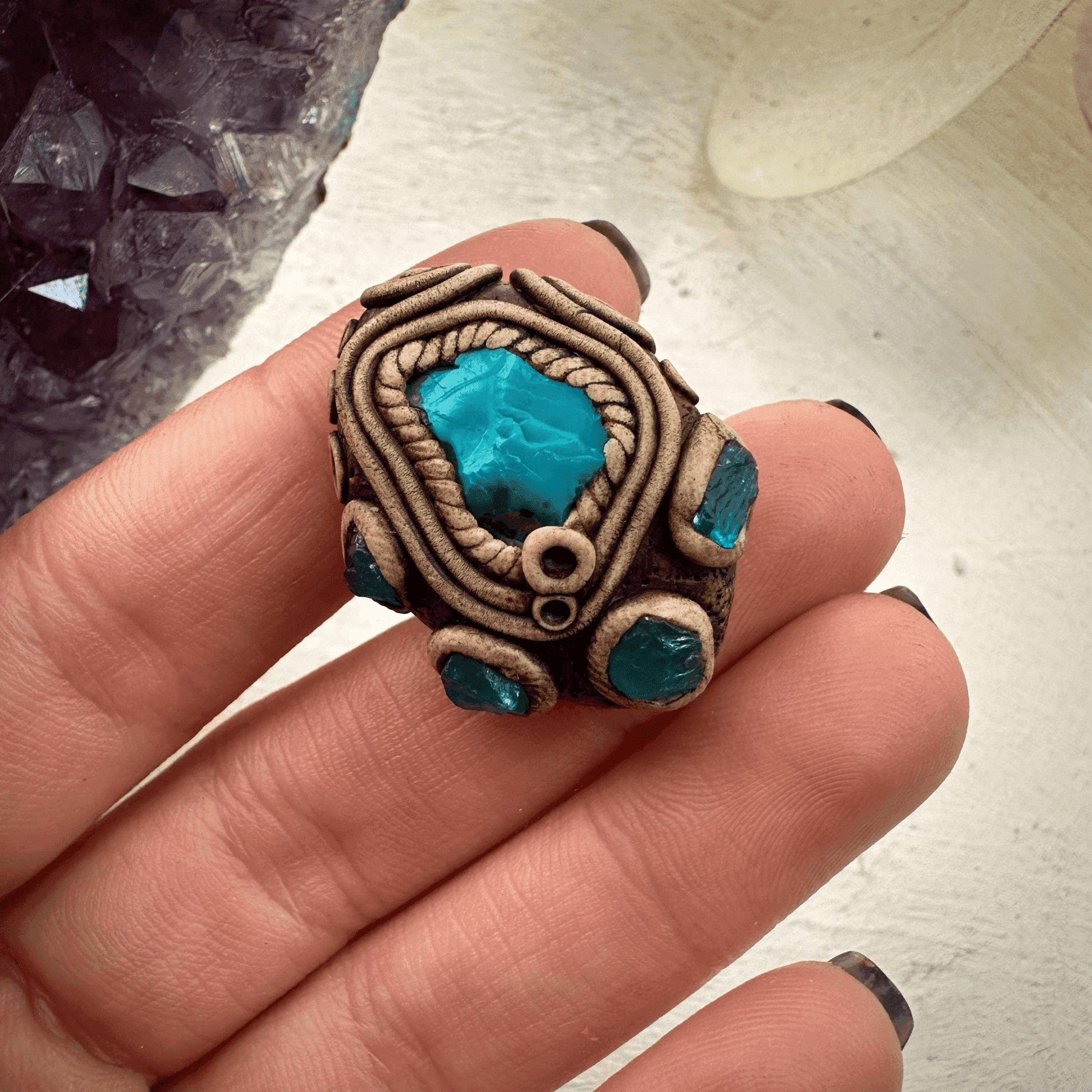 Raw Chrysocolla and Blue Apatite Ring - FairyGardenGlow