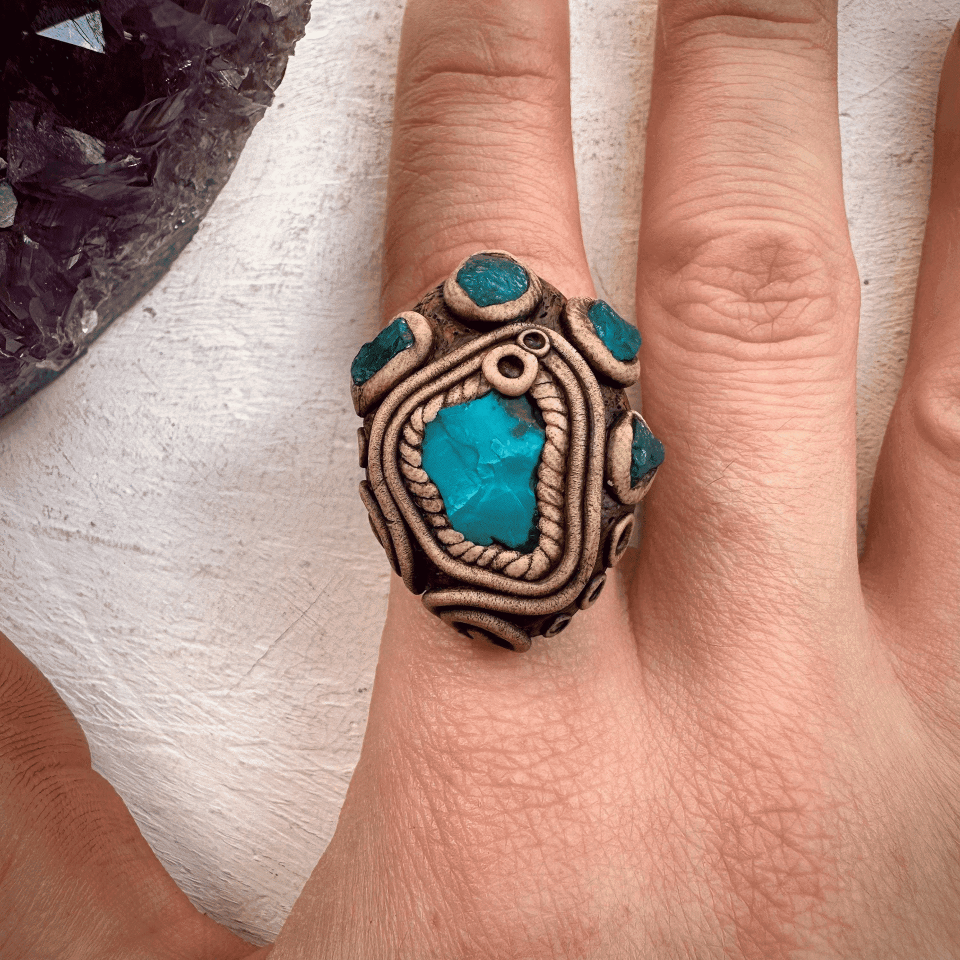 Raw Chrysocolla and Blue Apatite Ring - FairyGardenGlow
