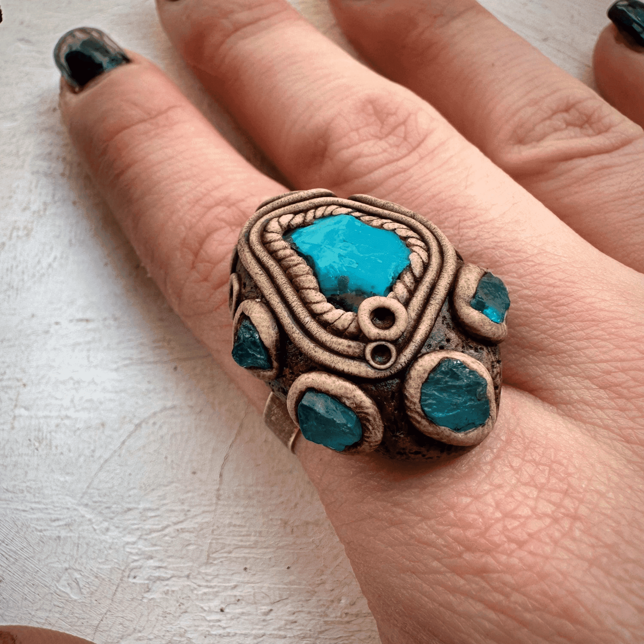 Raw Chrysocolla and Blue Apatite Ring - FairyGardenGlow