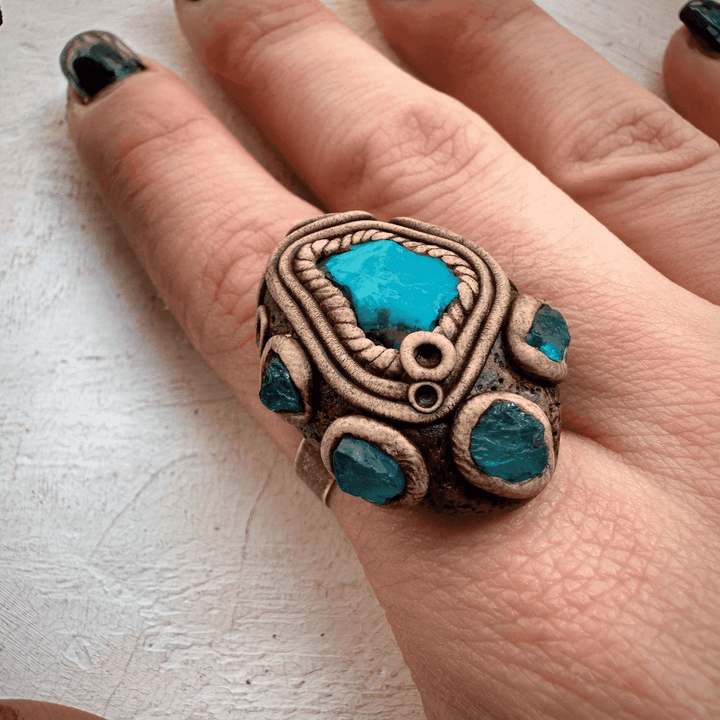 Raw Chrysocolla and Blue Apatite Ring - FairyGardenGlow