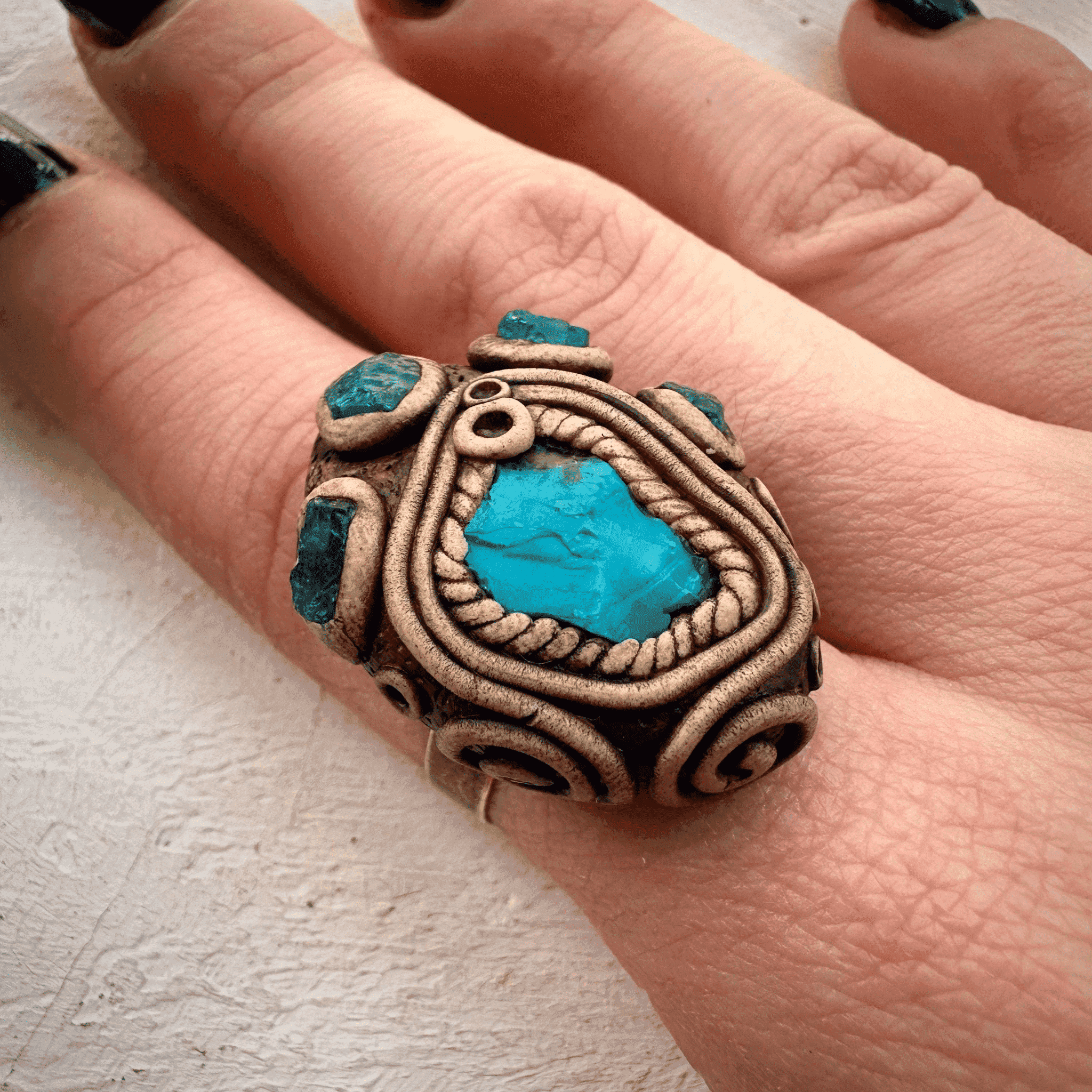 Raw Chrysocolla and Blue Apatite Ring - FairyGardenGlow