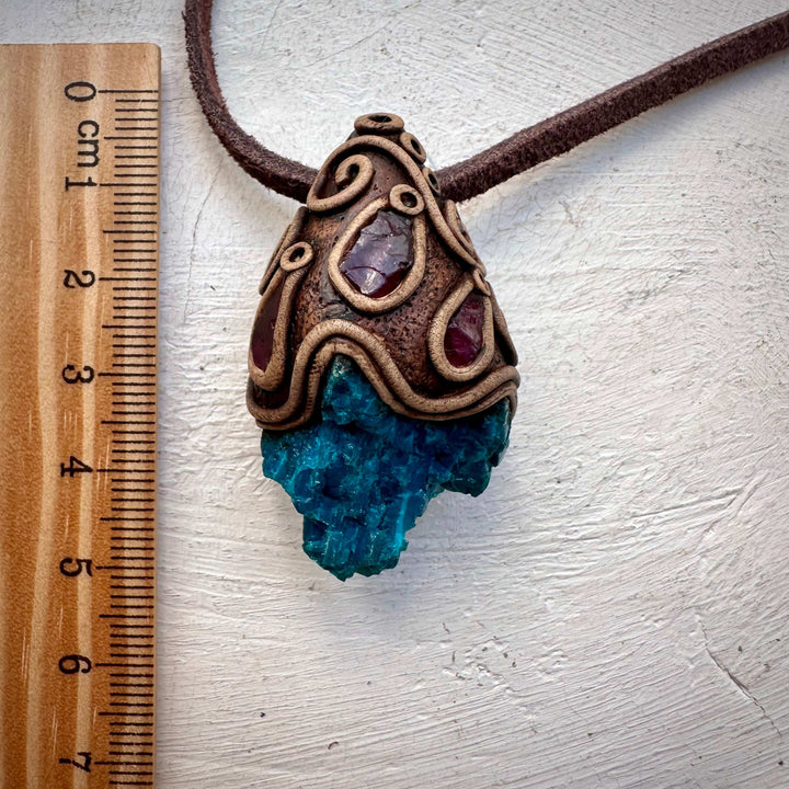 Raw Chrysocolla and Rhdololite Garnet Pendant Necklace - FairyGardenGlow