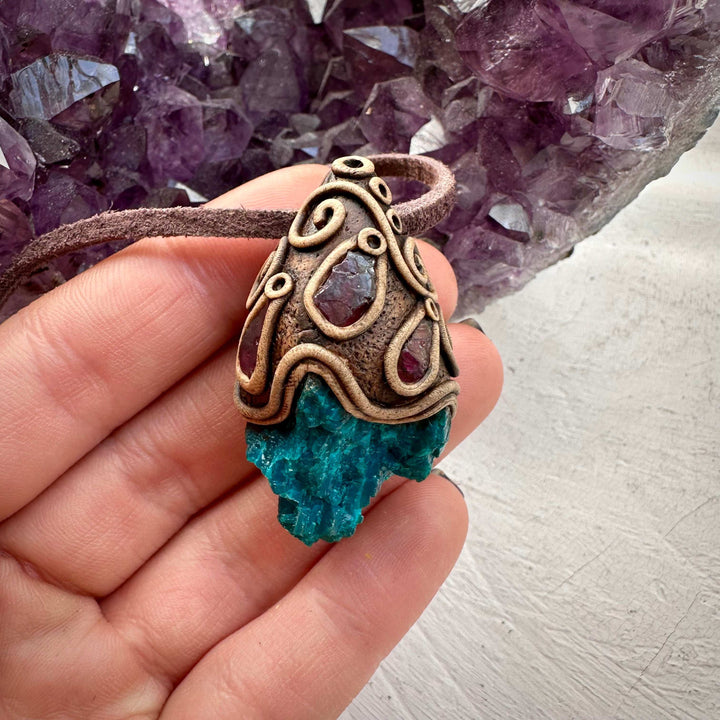 Raw Chrysocolla and Rhdololite Garnet Pendant Necklace - FairyGardenGlow