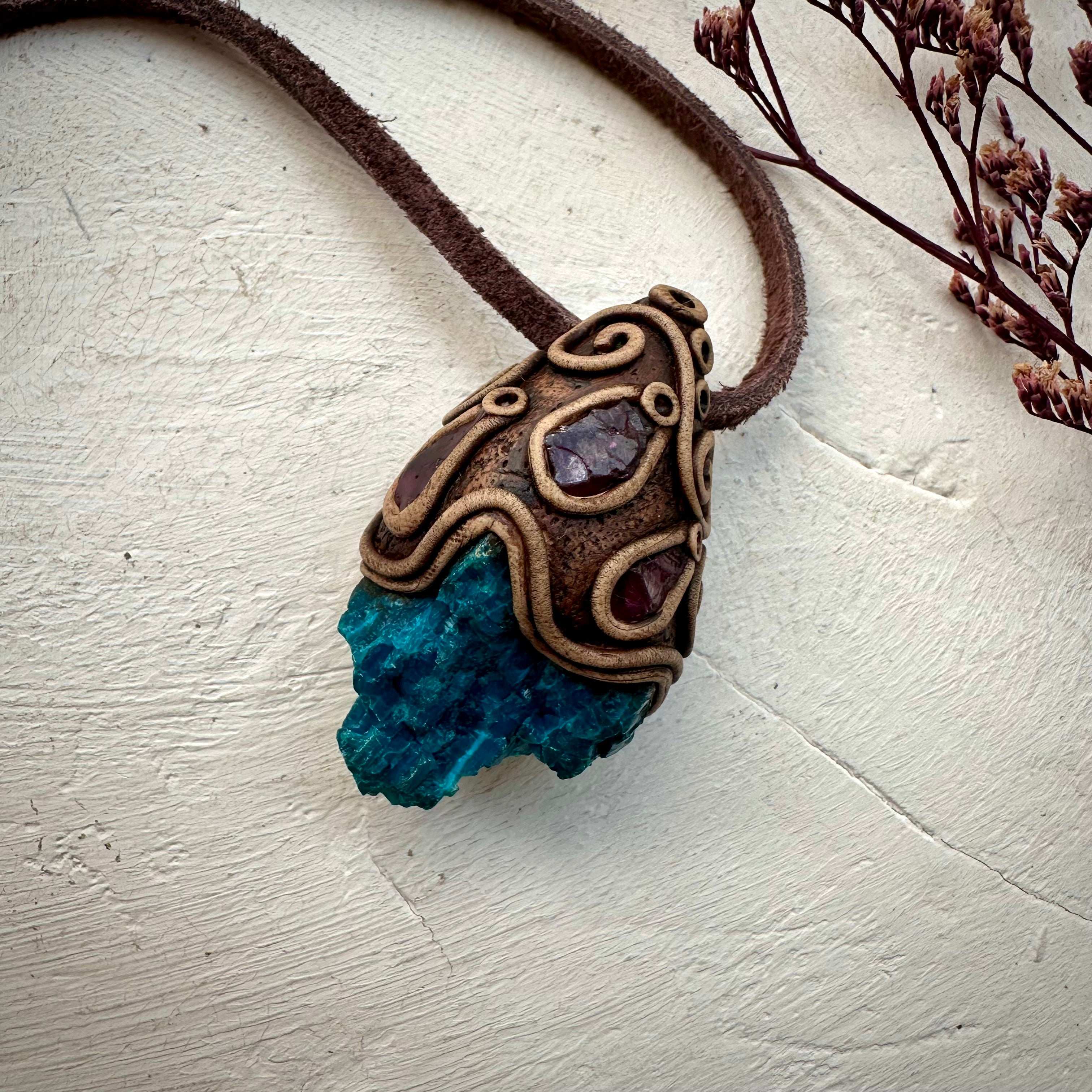 Raw Chrysocolla and Rhdololite Garnet Pendant Necklace - FairyGardenGlow