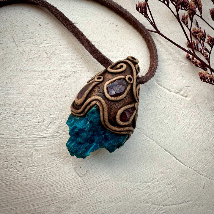 Raw Chrysocolla and Rhdololite Garnet Pendant Necklace - FairyGardenGlow