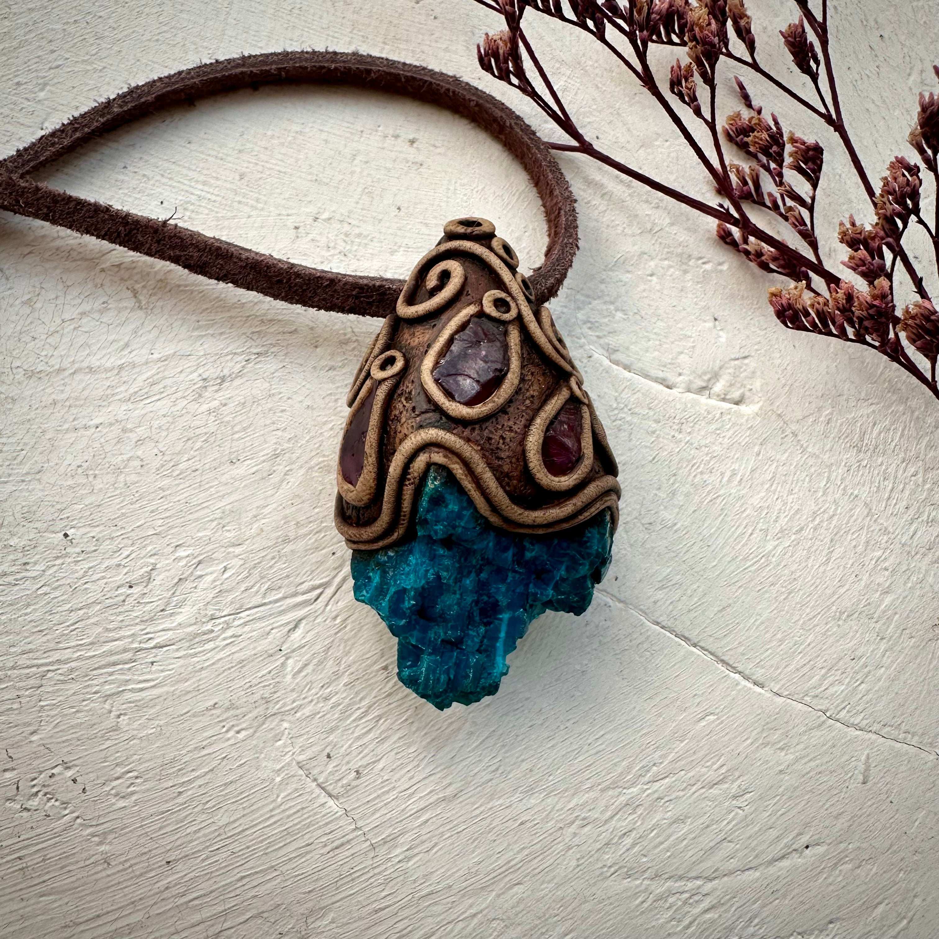 Raw Chrysocolla and Rhdololite Garnet Pendant Necklace - FairyGardenGlow