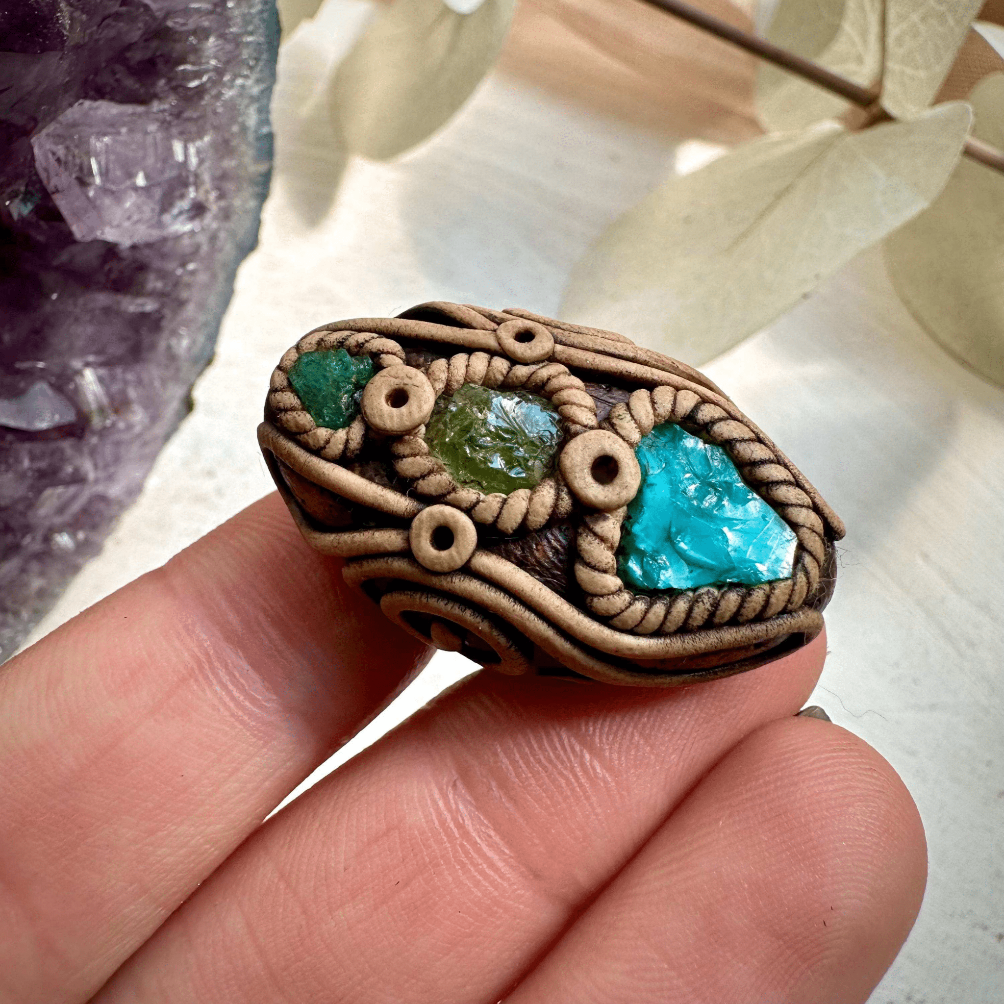 Raw Chrysocolla Tsavorite and Emerald Ring - FairyGardenGlow