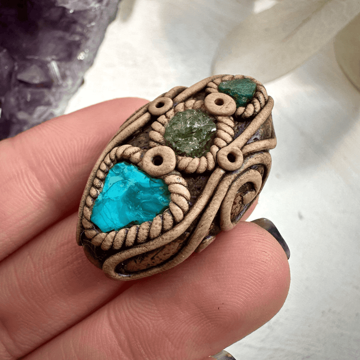 Raw Chrysocolla Tsavorite and Emerald Ring - FairyGardenGlow