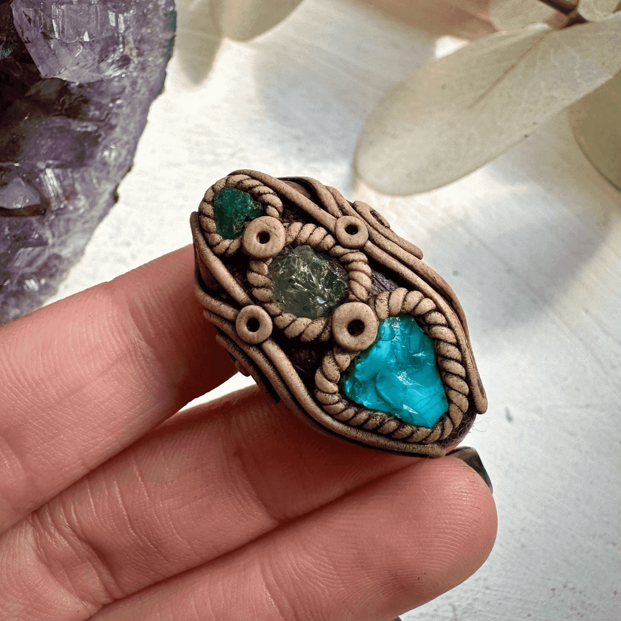 Raw Chrysocolla Tsavorite and Emerald Ring - FairyGardenGlow