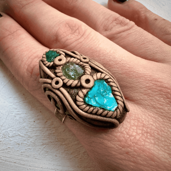 Raw Chrysocolla Tsavorite and Emerald Ring - FairyGardenGlow