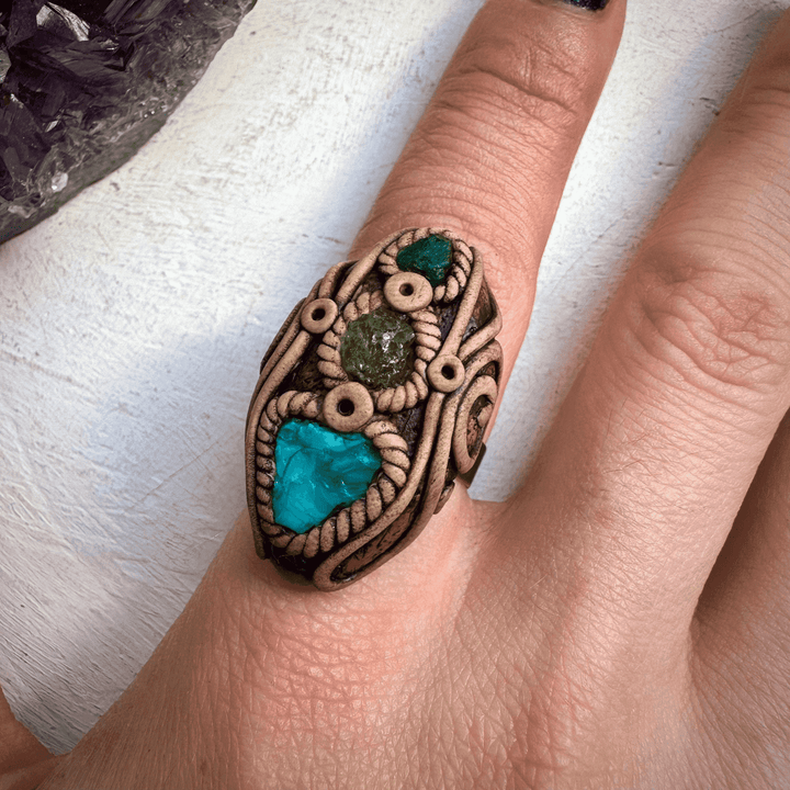 Raw Chrysocolla Tsavorite and Emerald Ring - FairyGardenGlow