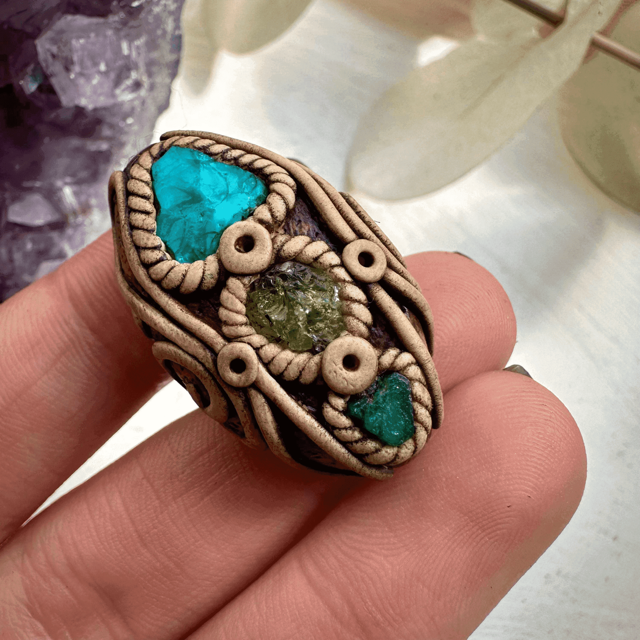 Raw Chrysocolla Tsavorite and Emerald Ring - FairyGardenGlow