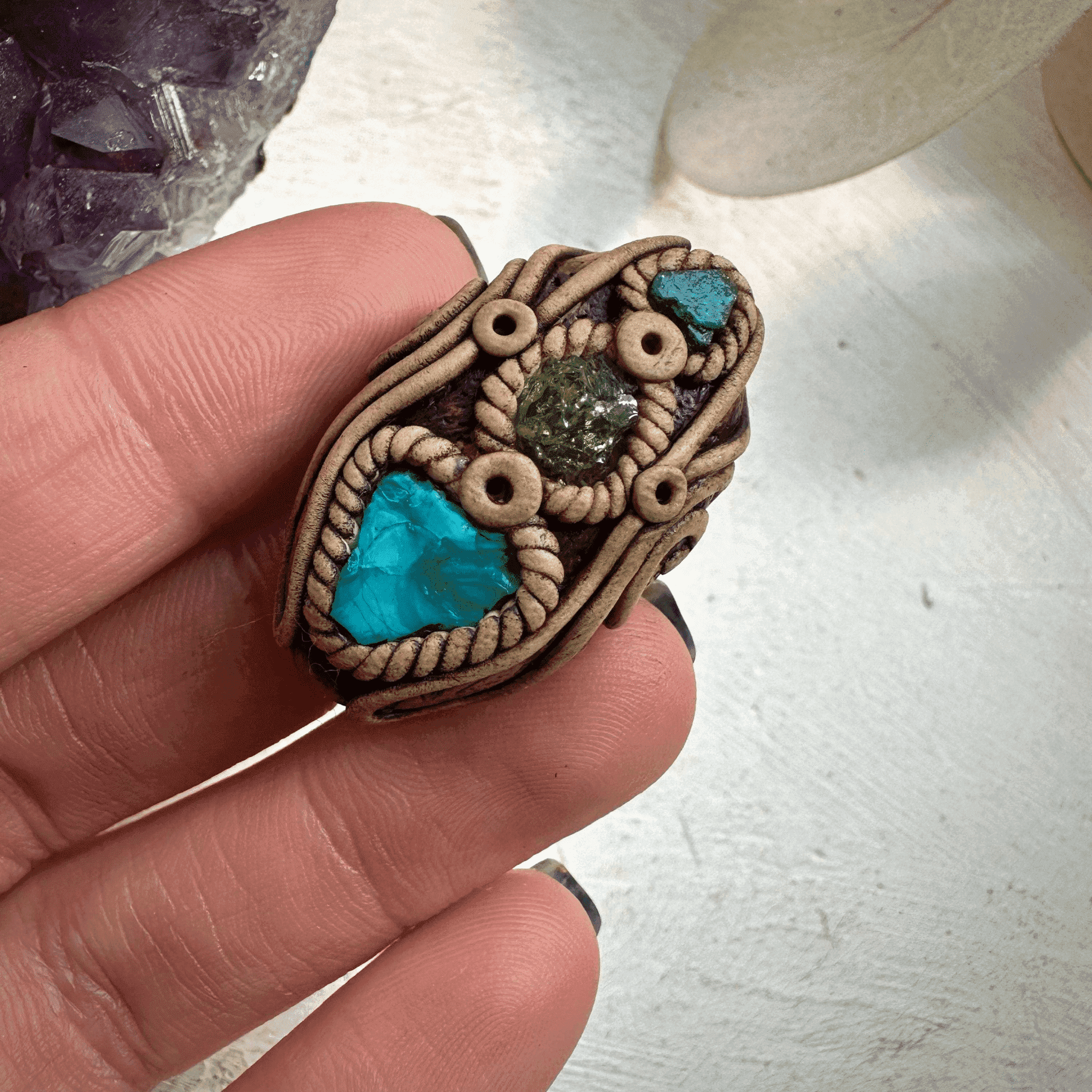 Raw Chrysocolla Tsavorite and Emerald Ring - FairyGardenGlow
