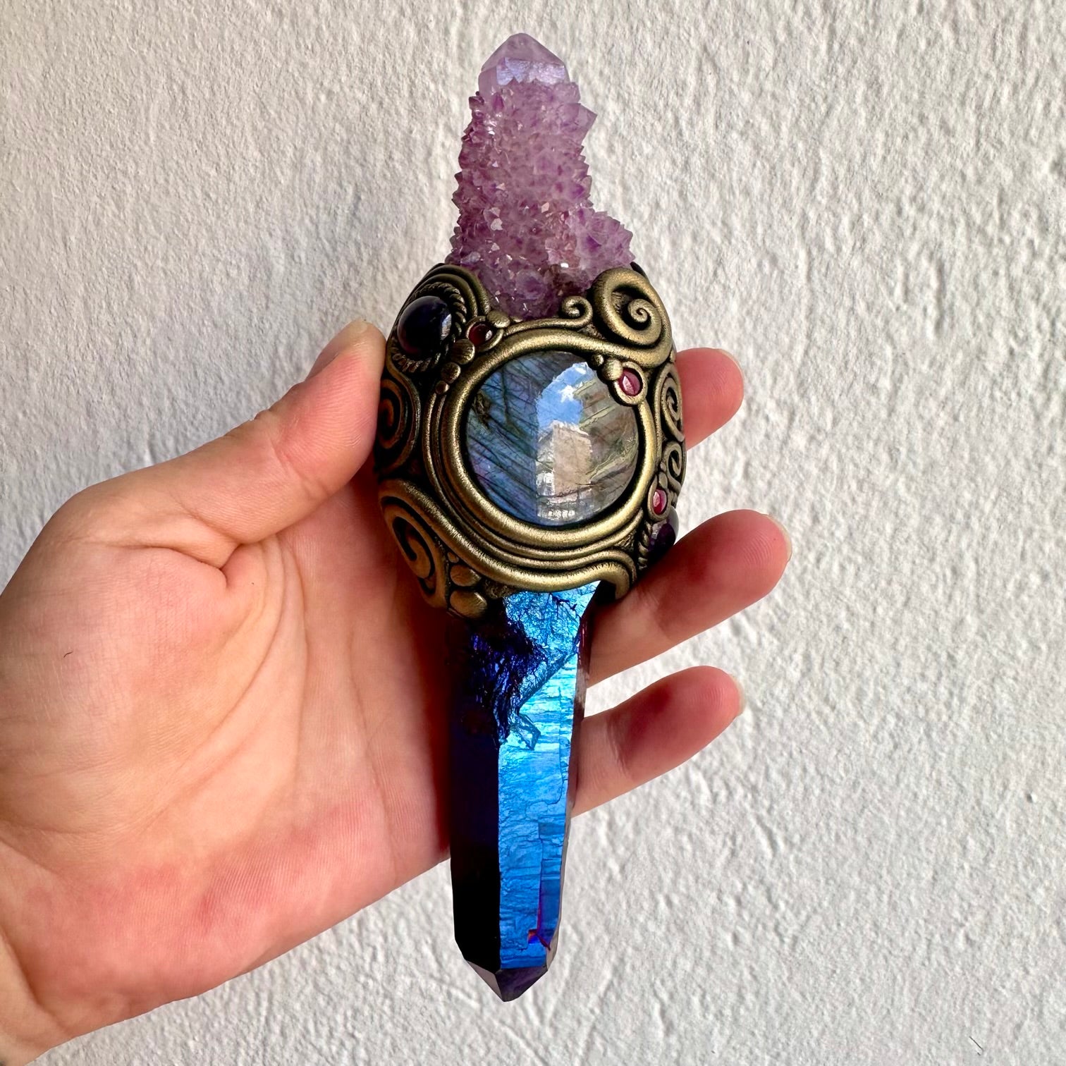 One of a kind healing crystal wand with Cobalt Aura Quartz and genuine natural gemstones.