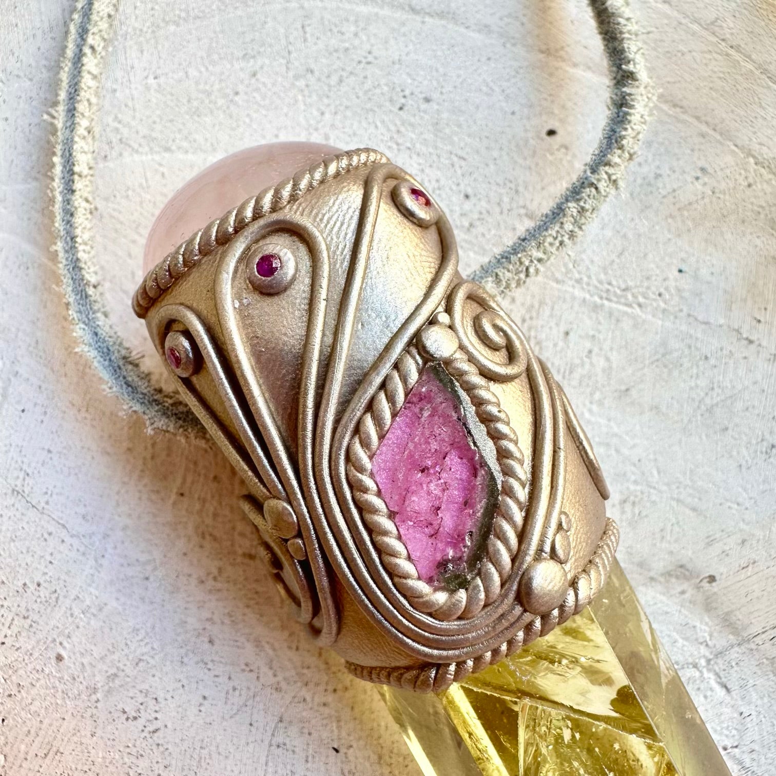 Handmade gemstone wand with citrine ruby and rose quartz spiritual tool