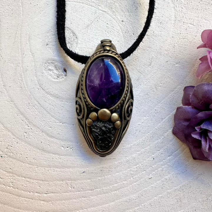 Protective raw green Moldavite crystal with soothing Amethyst energy, artisan handmade spiritual amulet necklace tool.