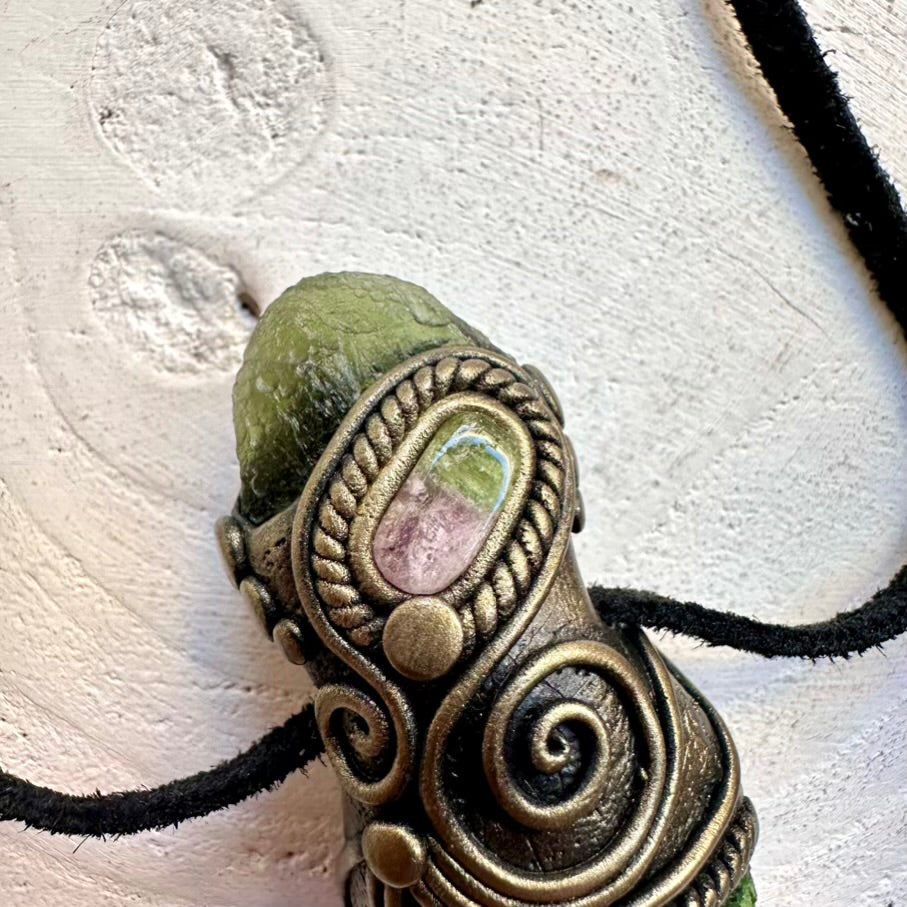One-of-a-kind Chrome Diopside and raw Moldavite flash stone with natural bi-color Tourmaline, wearable metaphysical protection talisman necklace.
