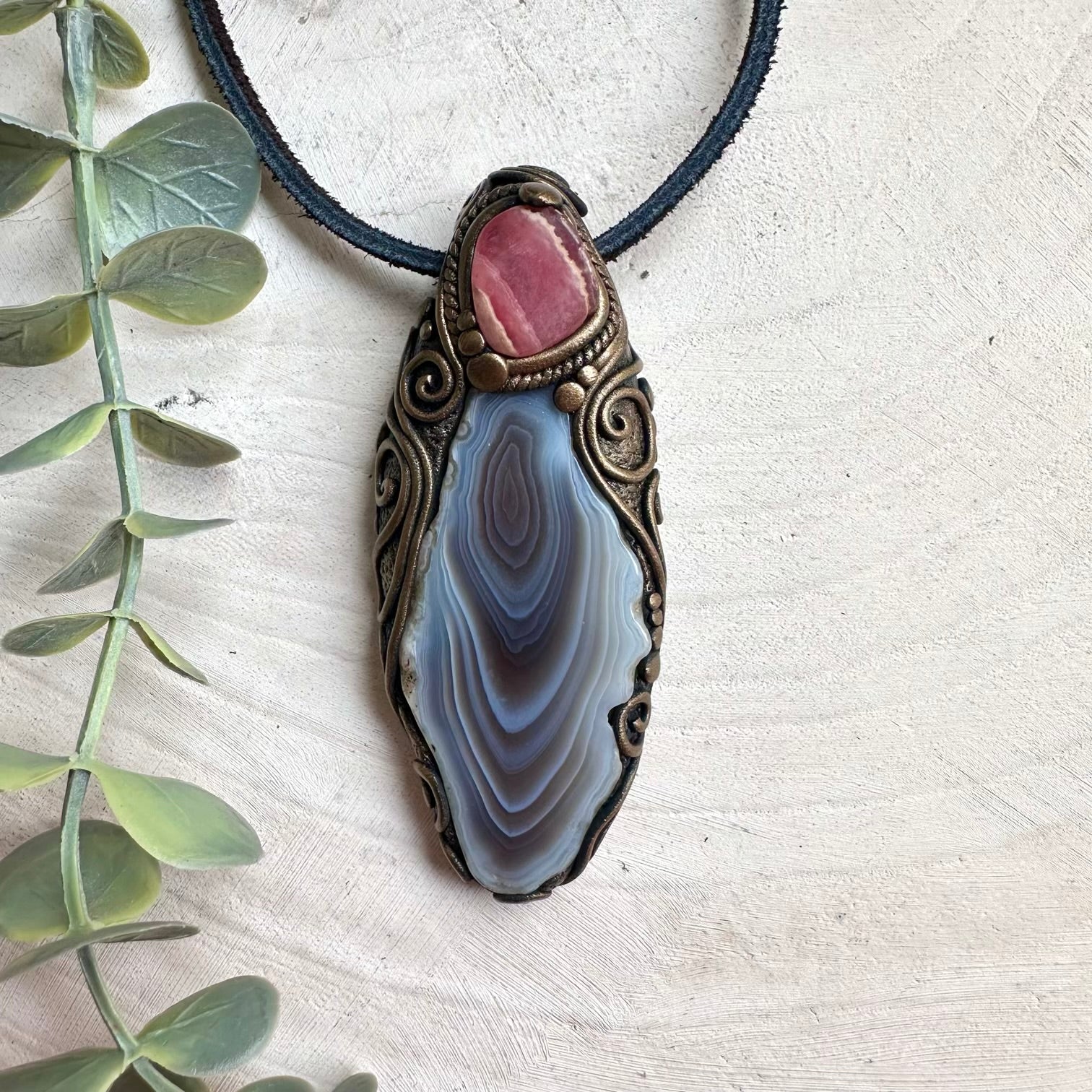Raw crystal pendant necklace featuring natural Botswana agate and rhodochrosite healing stones
