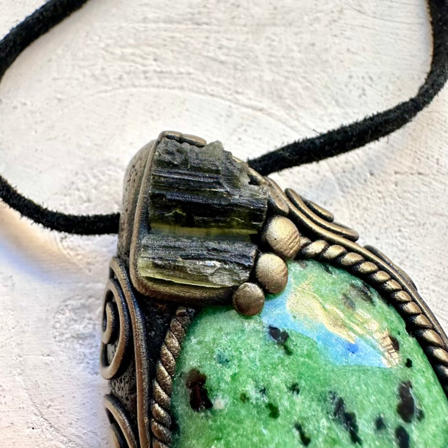 Protective raw green Moldavite crystal paired with calming Zoisite, artisan handmade spiritual talisman jewelry.
