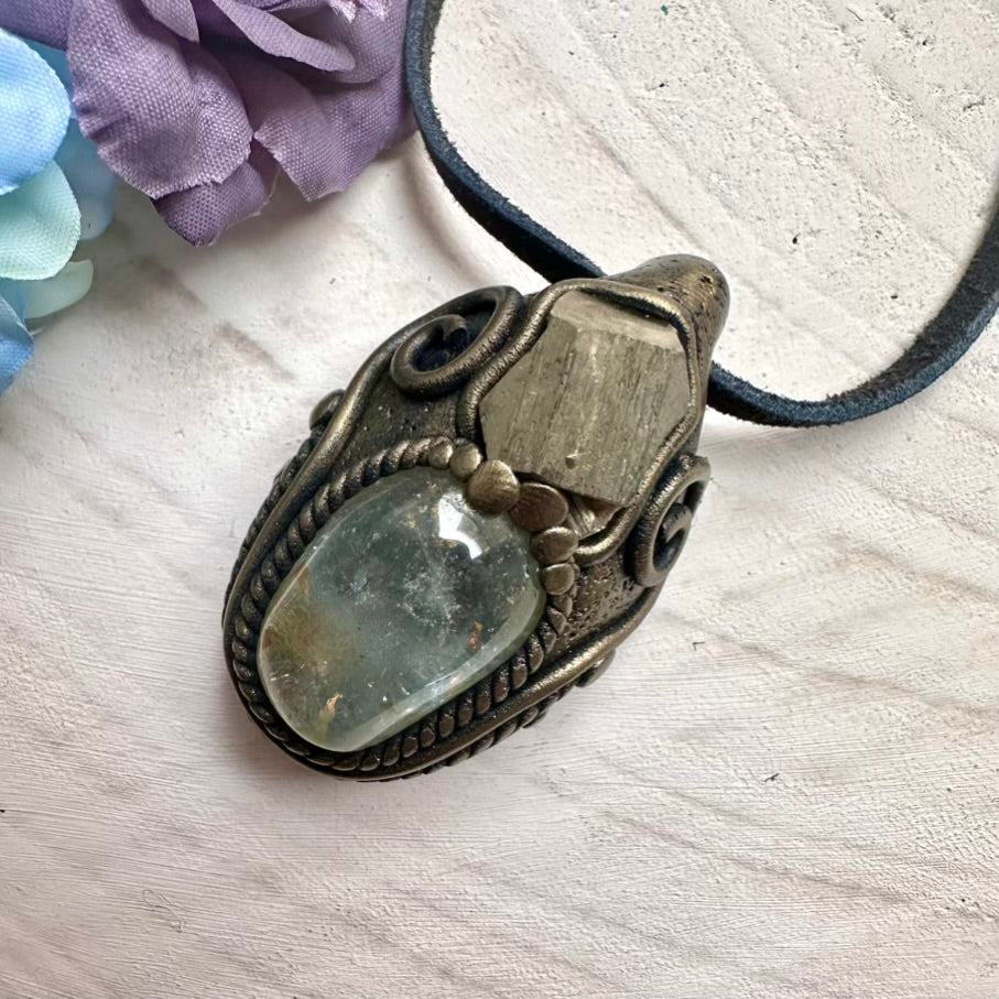 Natural raw Pyrite crystal shimmer with Topaz gemstone, wearable spiritual energy tool jewelry.